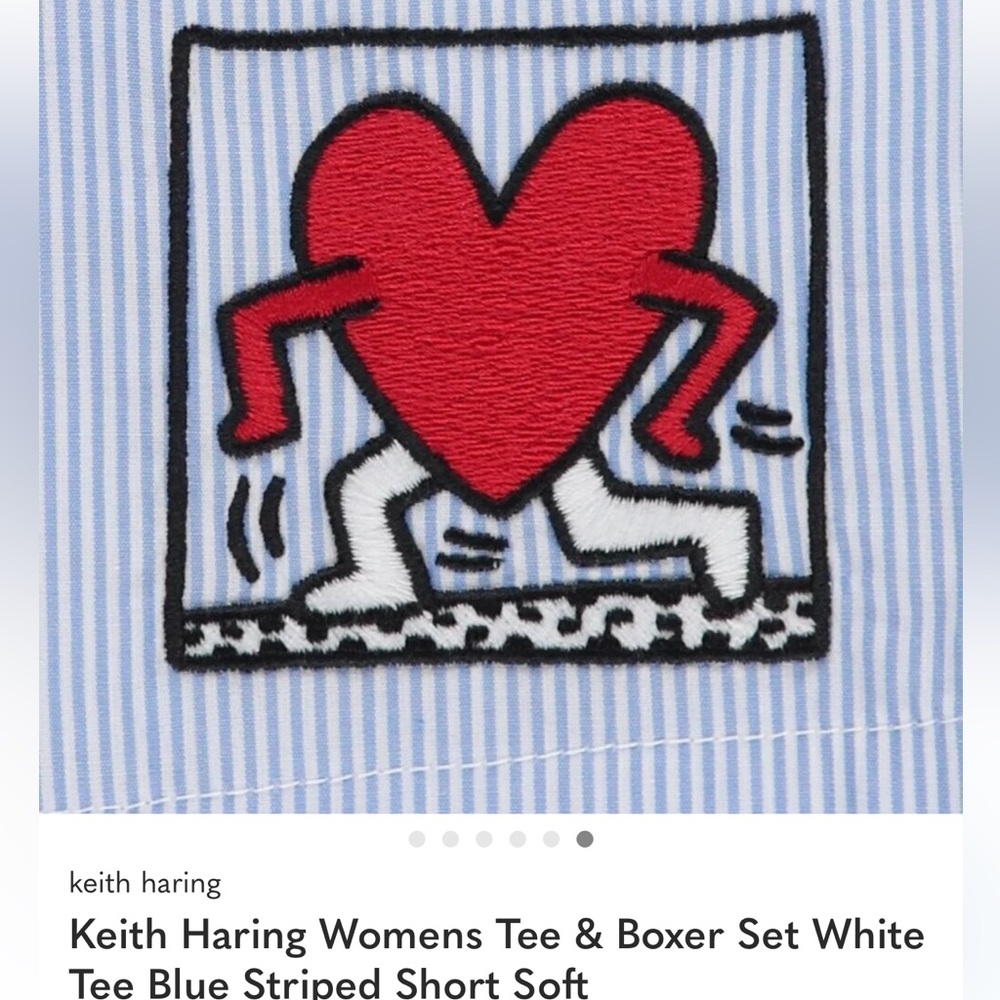 Keith Haring Women's Blue Striped Shorts with Red Heart Patch